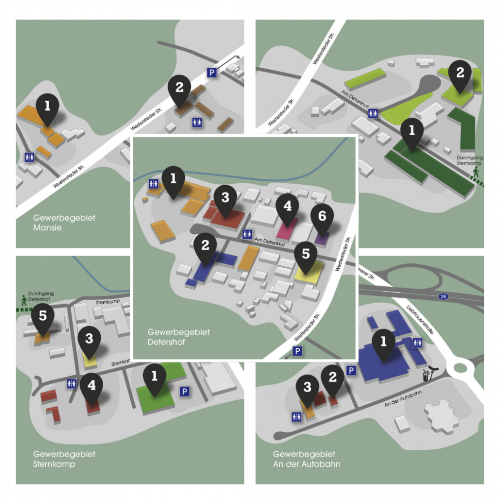 Skizzierte Karten aller 5 Gewerbegebiete
