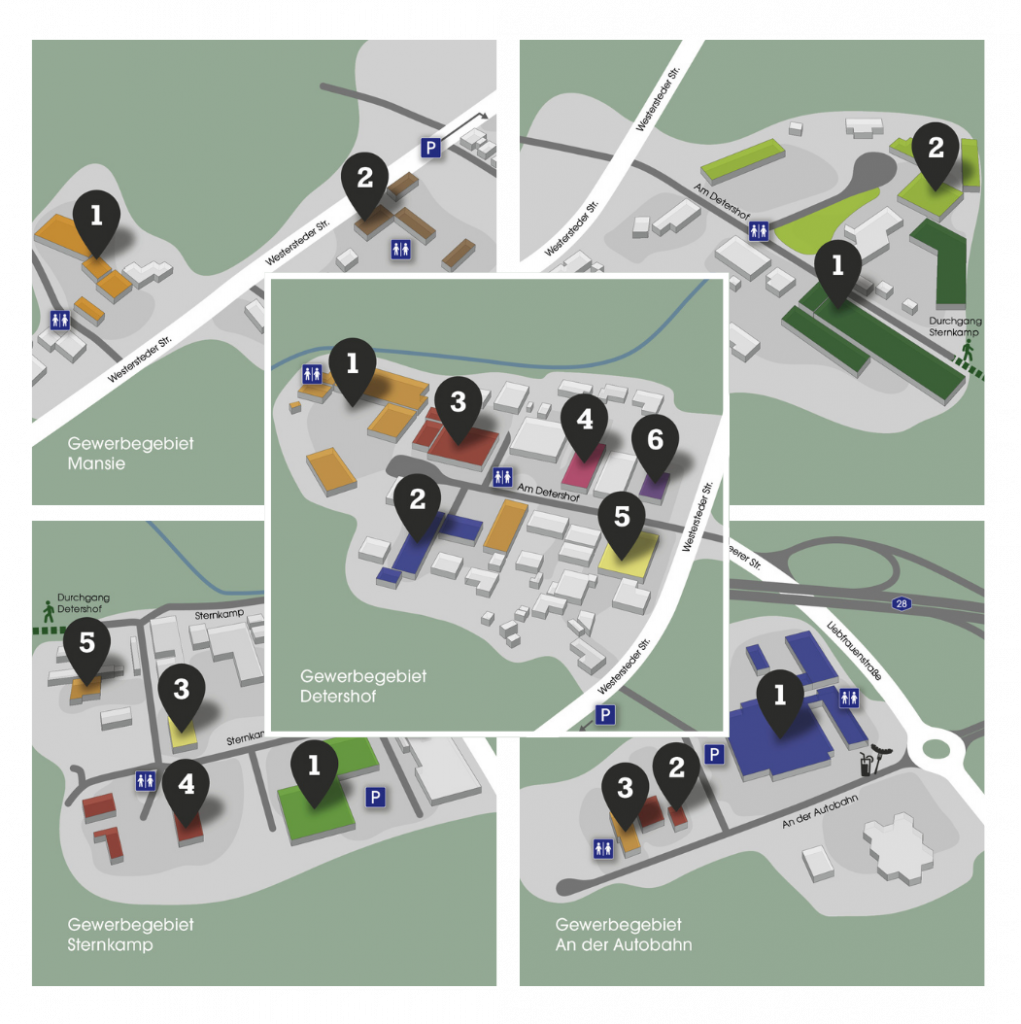 Skizzierte Karten aller 5 Gewerbegebiete